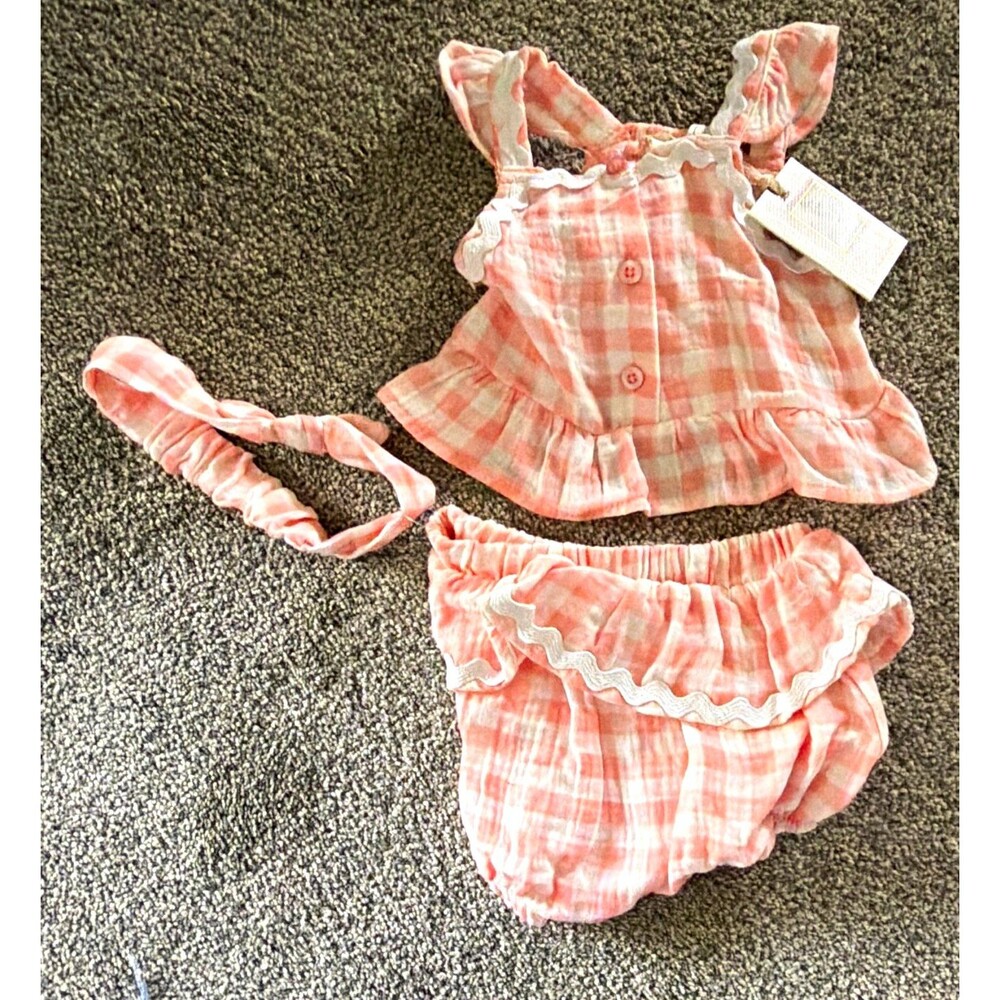 Jessica Simpson Girls 0-3M Pink/White Gingham 3pc Outfit Set NWT A4